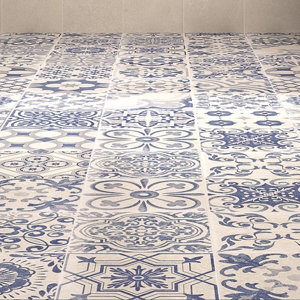 Płytki patchworkowe niebieskie beż Realonda Skyros Deco Blanco 44x44 10403