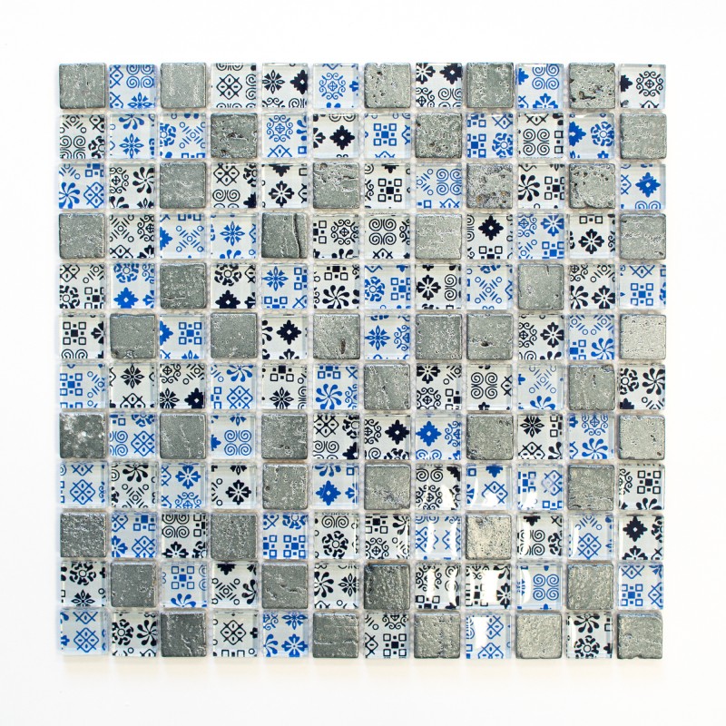 Mozaika mix szkło kamień mały kwadrat szary czarny niebieski patchwork Metropol MM 1195 30,0 x 30,0 80292