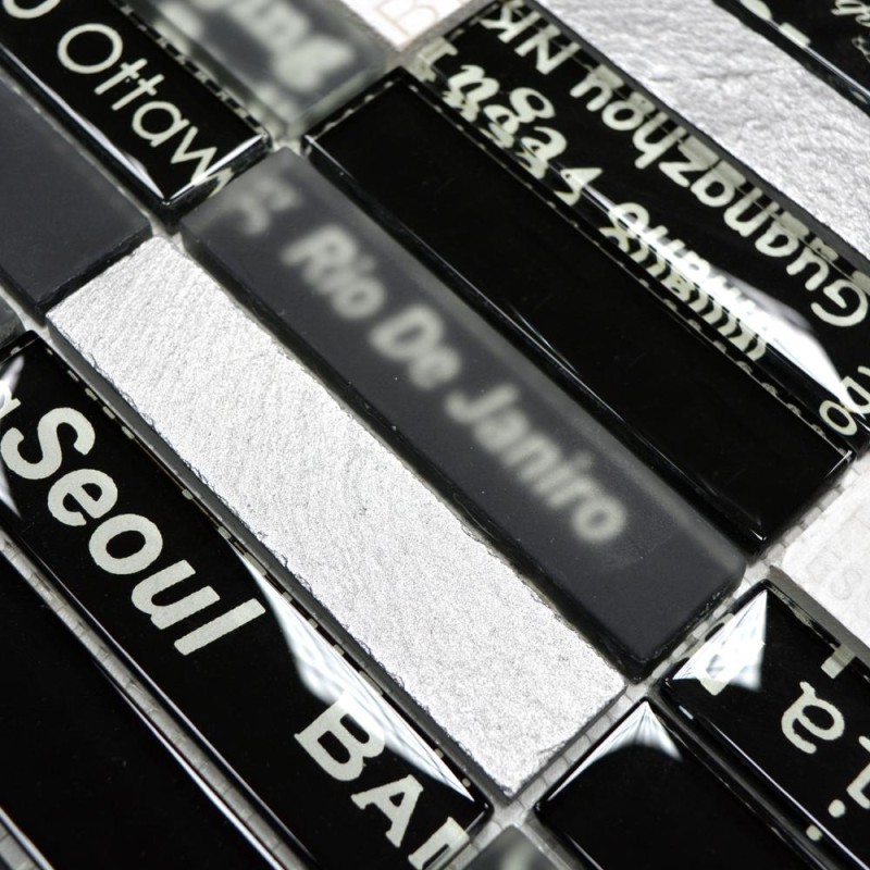 Mozaika mix z napisami prostokątna czarna szara biała szkło kamień Metropol MM 0086 30,0 x 30,0 102348