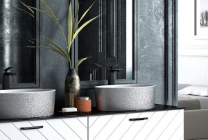 Besco Uniqa Glam Srebrna umywalka nablatowa 32x46x17 #UMD-U-NGS z chromowanym korkiem klik-klak