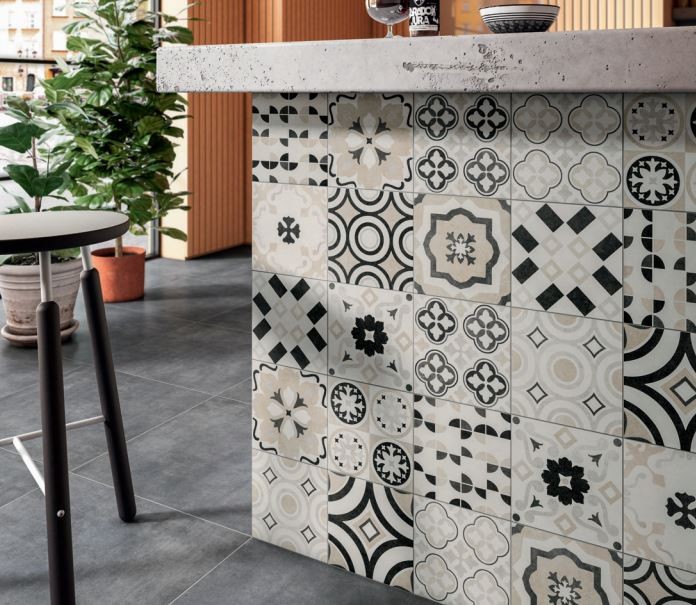 Płytki wzorzyste szaro-biało-czarne z kwiatami Sintesi Flow Decori Trend Flower 20x20 81067