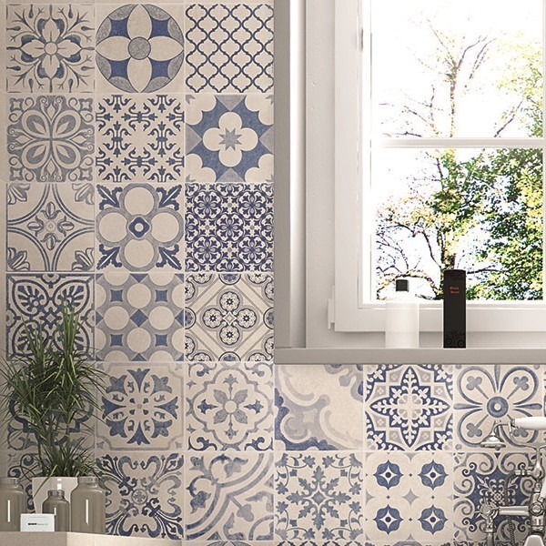 Płytki patchworkowe niebieskie beż Realonda Skyros Deco Blanco 44x44 10404