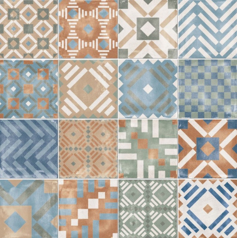 Płytka podłogowa ścienna szalon przetarty zielony niebieski beż patchwork ABK Play Labyrinth Mix Multicolor 20x20 86818