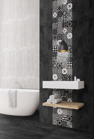 Płytki gresowe patchworkowe czarno-białe Absolut Keramika Guinea Samoa 15x90 crt 45442