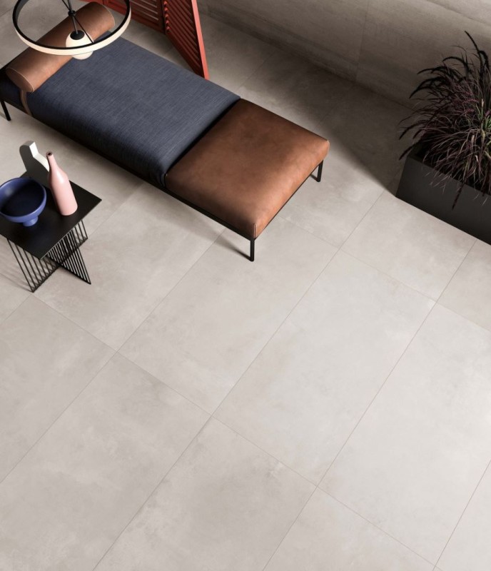 Płytka podłogowa salon beton jasno szary przetarty ABK Lab325 Base Pearl Ret 120x120 87611