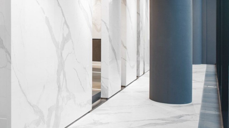 Płytki duże lustrzane odbicie biały marmur z rysunkiem Laminam I Naturali Bianco Statuario Venato Book Match 5 100x300 48032