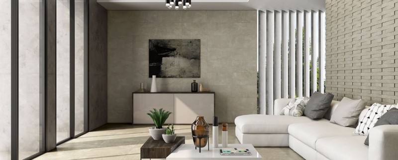 Płytki podłogowe jasno szary beton salon Saloni Street - Art Ceniza 60x60 83542