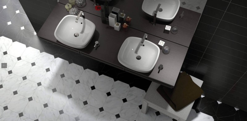 Płytki oktagonalne białe z czarną wstawką Equipe Octagon Blanco Mate 20x20 21185