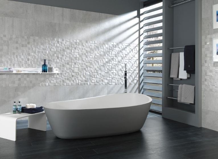 Płytki imitujące szary beton Porcelanosa Rodano mosaico Acero 33,3x100 43475