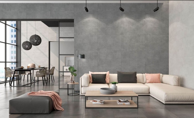 Płytki 3D ścienne przetarty beton szare fały Saloni Kroma Link Acero FZX490 30x90 84121