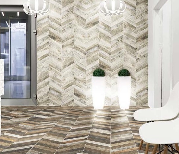 Płytki w stylu francuskiej jodelki bezowe Realonda Diamond Pallet White Chevron L 70x40 (lewy) 39523