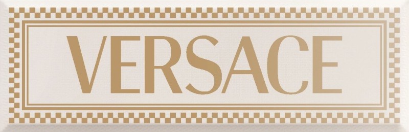 Płytki cegiełki z ścienne białe złote napisy faska Versace Ceramics Solid Firma White 20x60 92358