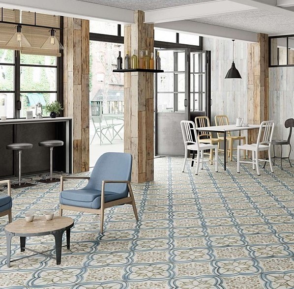 Płytki biało-niebieskie że wzorem prowans patchwork Peronda FS Nijar 45x45 dms 37068