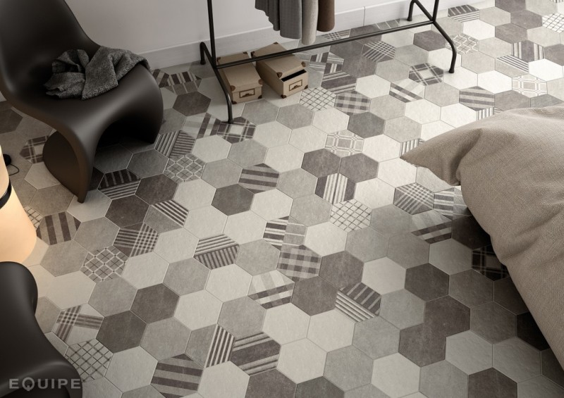 Płytki do salonu heksagon patchwork wzorzysty Equipe Hexatile Cement Geo grey 17.5X20 9184