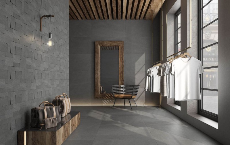 Płytki podłogowe grafitowy kamień R10 salon Saloni Petralava Grafito DYD770 90x90 83220