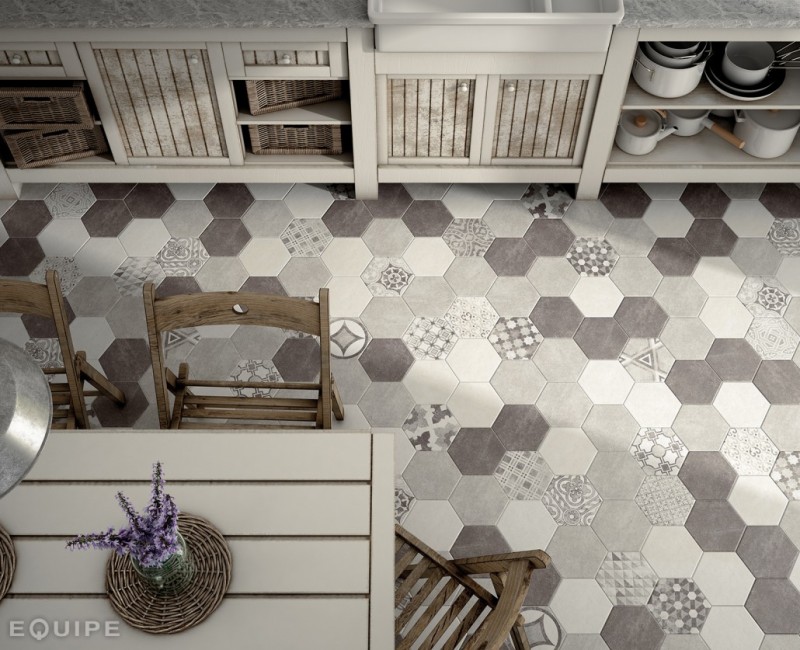 Płytki do salonu heksagon patchwork wzorzysty Equipe Hexatile Cement Geo grey 17.5X20 9185