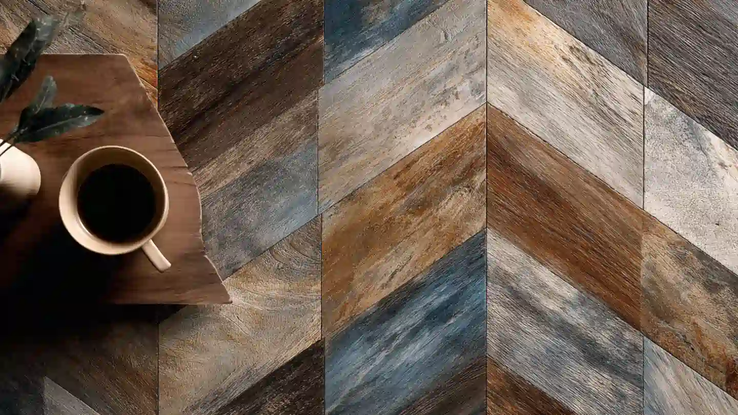 Płytki jodełka francuska Chevron w salonie